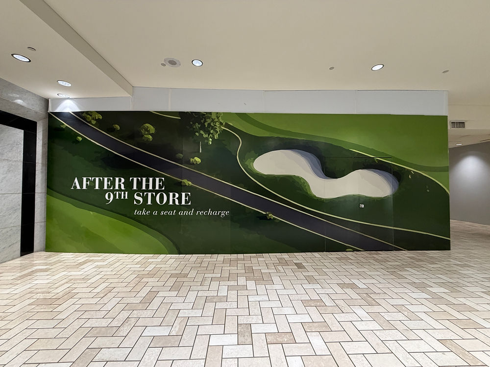 Golf course wall graphic: AFTER THE 9TH STORE, take a seat and recharge