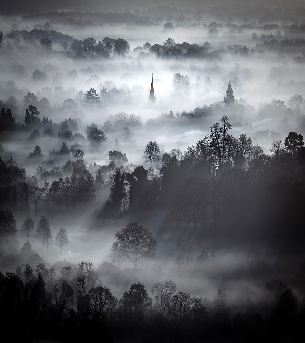 Brockham church in the mist