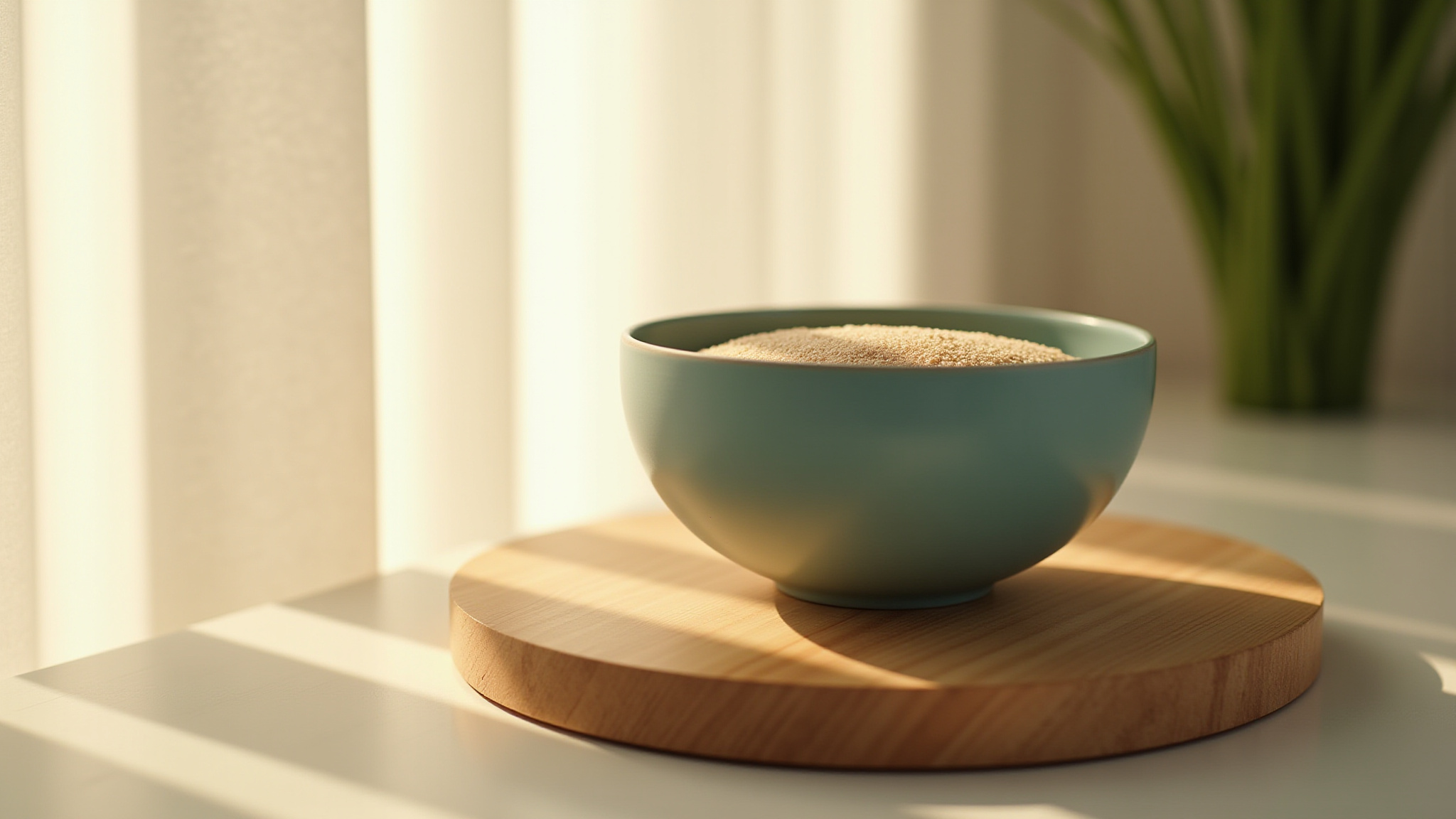 Light blue bowl of sugar on a wooden board