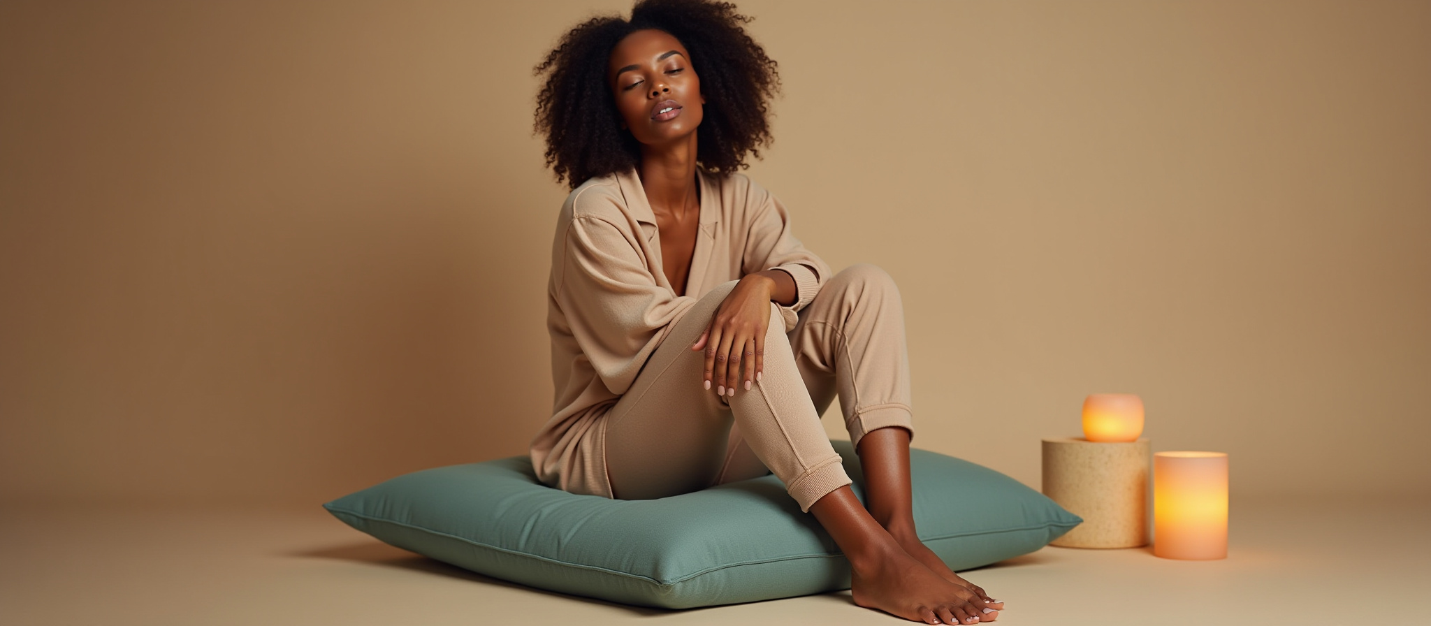 Woman in light loungewear on teal pillow, candles nearby