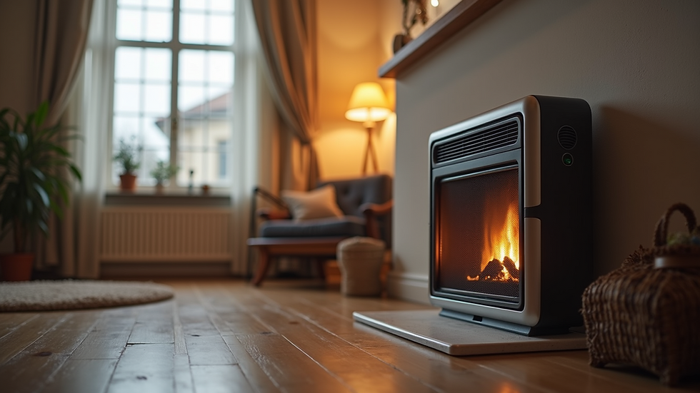 Eye-level view of a cozy living room with a modern electric heater