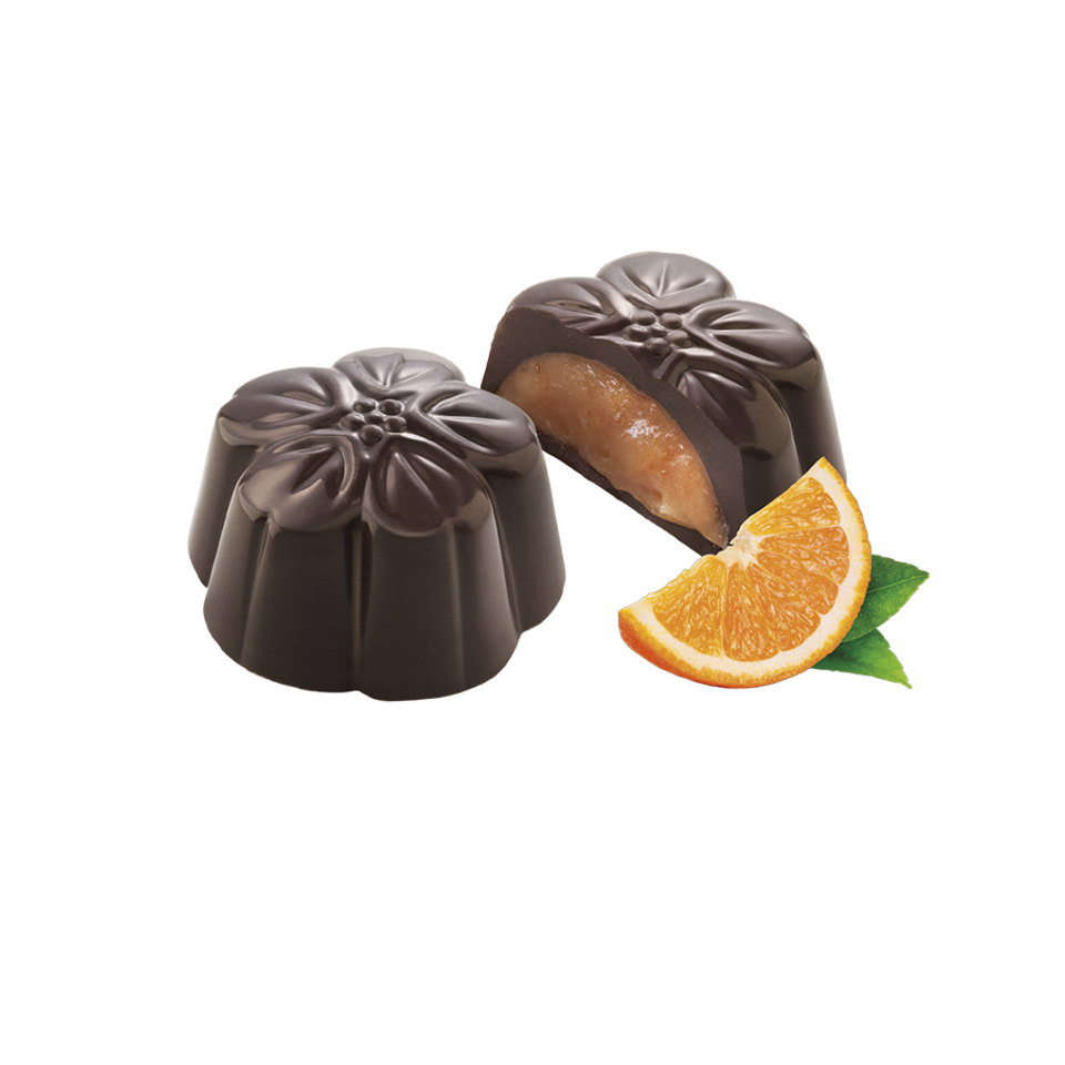 Miniatura: Dark Chocolate Flowers filled with Orange in a Vintage Tin