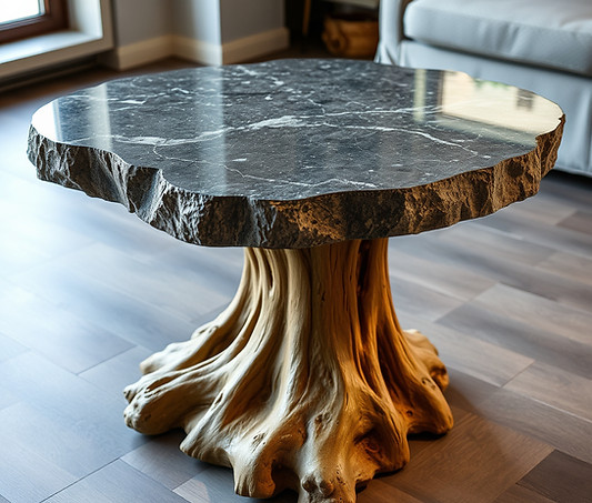 A beautiful coffee table made of - a rugged granite slab as the top - and a tree trunk as 