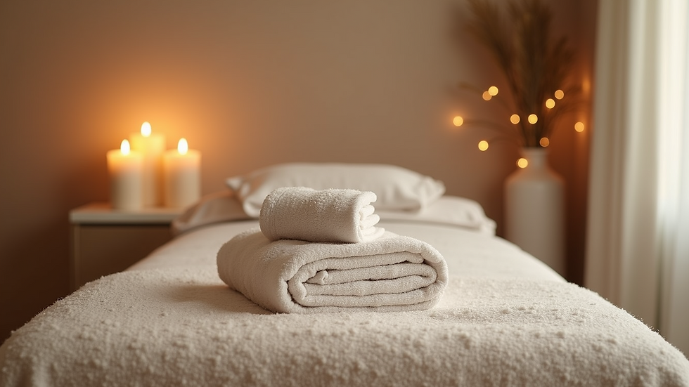 High angle view of a serene spa treatment room with soft towels and candles