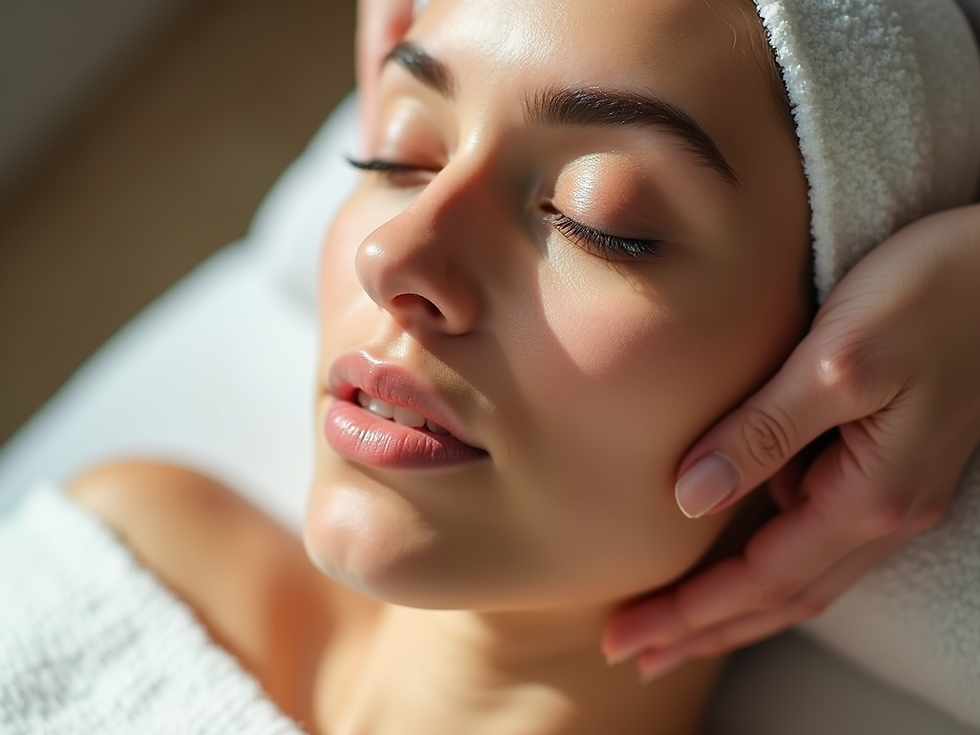 Woman receiving a relaxing facial massage with eyes closed, wrapped in a white towel. Soft lighting creates a serene mood.