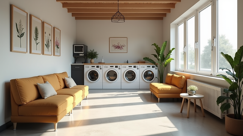 Wide angle view of a comfortable laundry waiting area with seating and coffee station