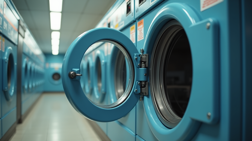 Close-up view of a washing machine door with detergent dispenser in a laundromat