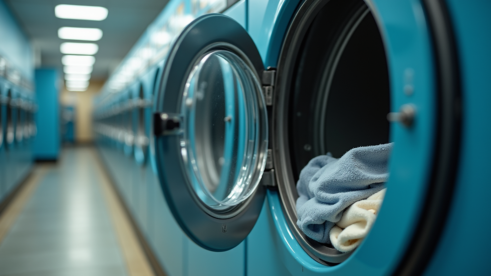 Close-up view of a washing machine door with clothes inside in a 24/7 laundromat