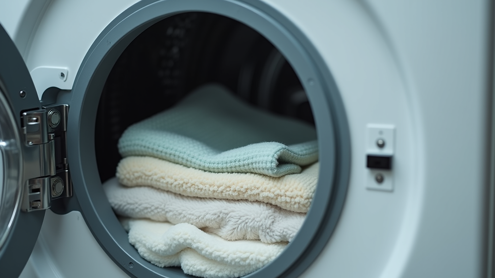 Close-up view of a washing machine door with clean clothes inside