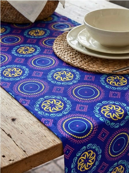 Thumbnail: Handmade Cotton Table Runner - Traditional Blue and Yellow Shweshwe Pattern