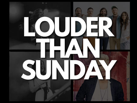 Large white text that reads "LOUDER THAN SUNDAY" which is the Christian Concert lineup in Bristow, Oklahoma. In the background there's faded photos of Riley Clemmons, Colton Dixon and REND Collective. 