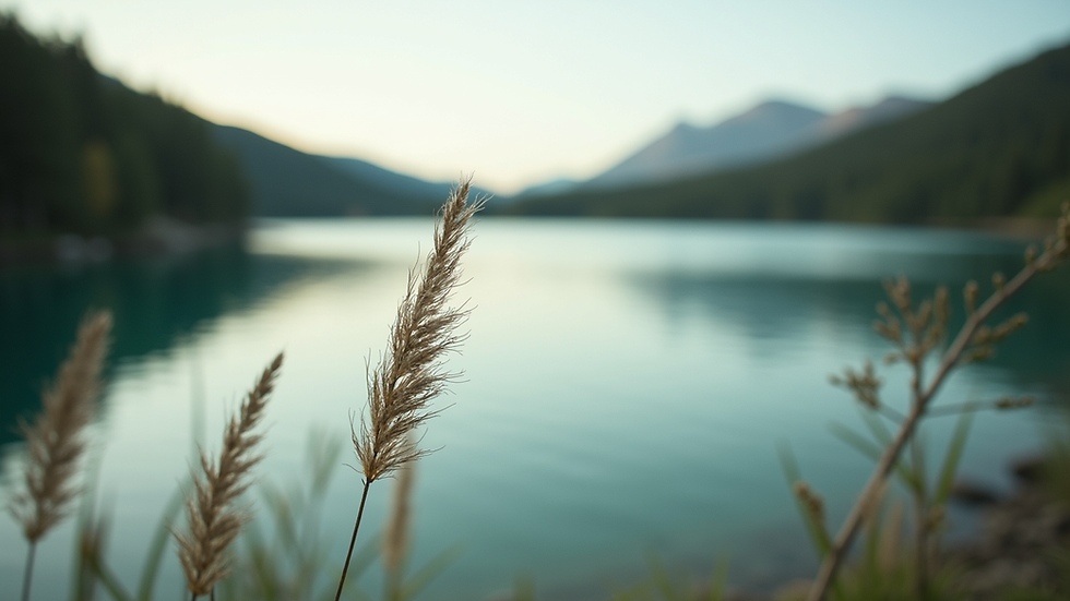 Close-up view of a serene nature scene with a calm lake
