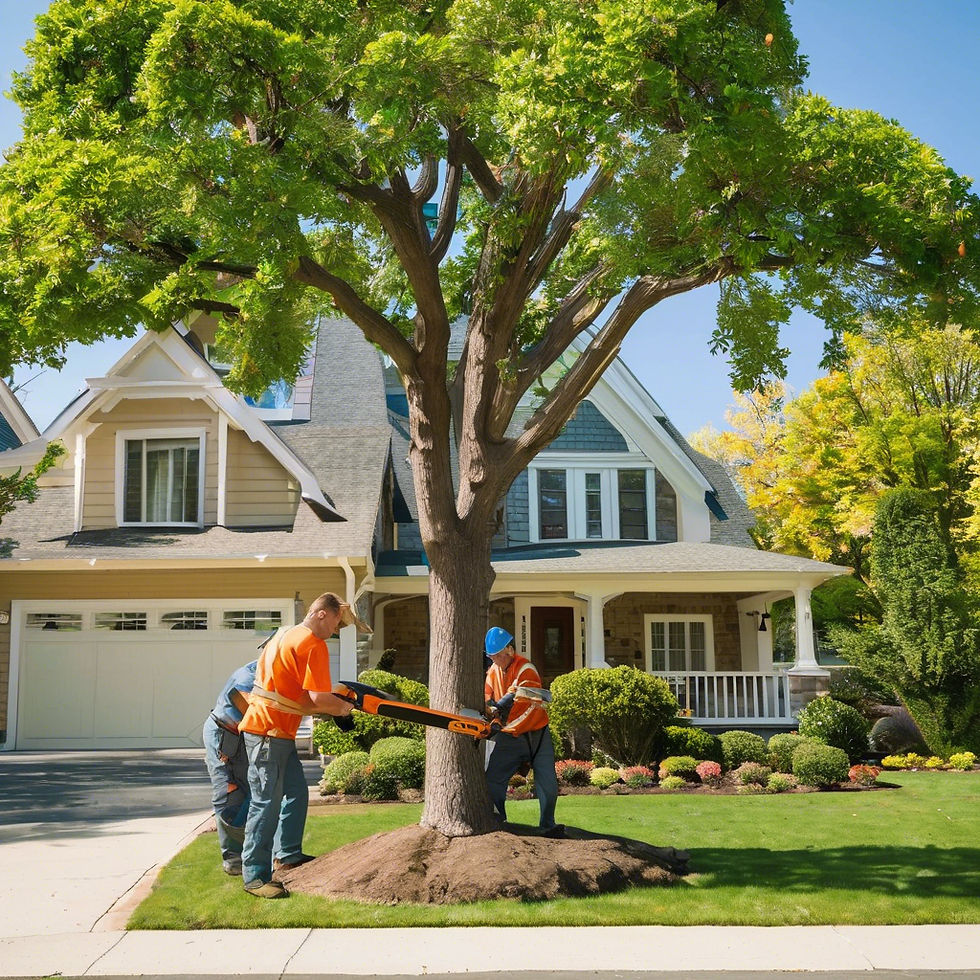 work crew trimming tree with pole saw in front yard of nice home.jpg
