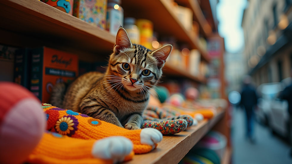Eye-level view of a colorful Derek & The Cats merchandise display