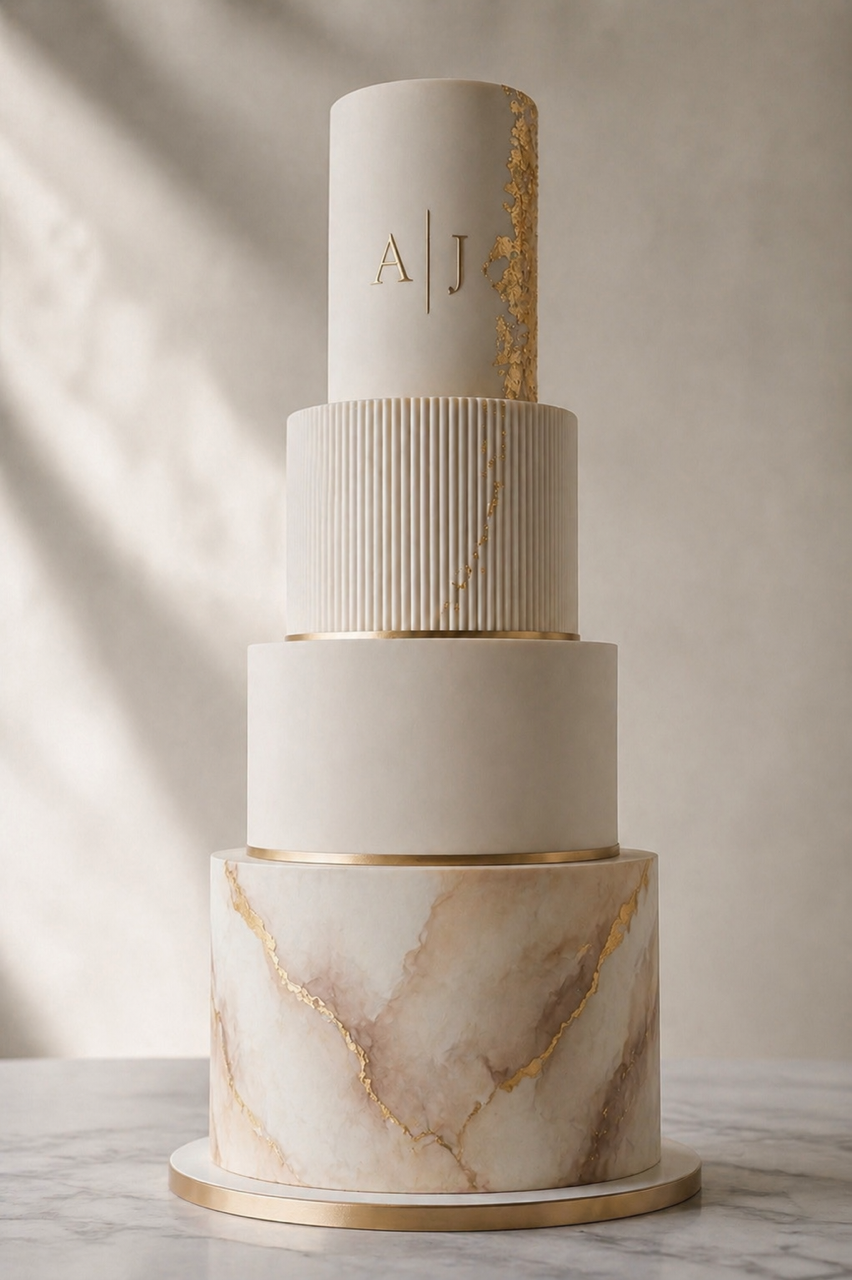 Four-tier cake with gold accents and marbled design on the bottom tier. The initials "A|J" are on top. Elegant and sophisticated mood.