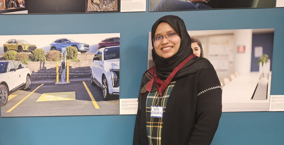 Mim Rahman (MA, 2025) with her Picture Us submission, illustrating urban–rural disparities and the need for transportation equity in Canada’s ZEV transition.