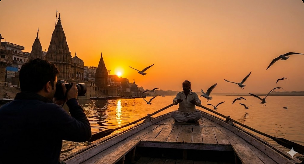 A photographer capturing the golden hour sunrise over the Ganges River from a wooden boat.