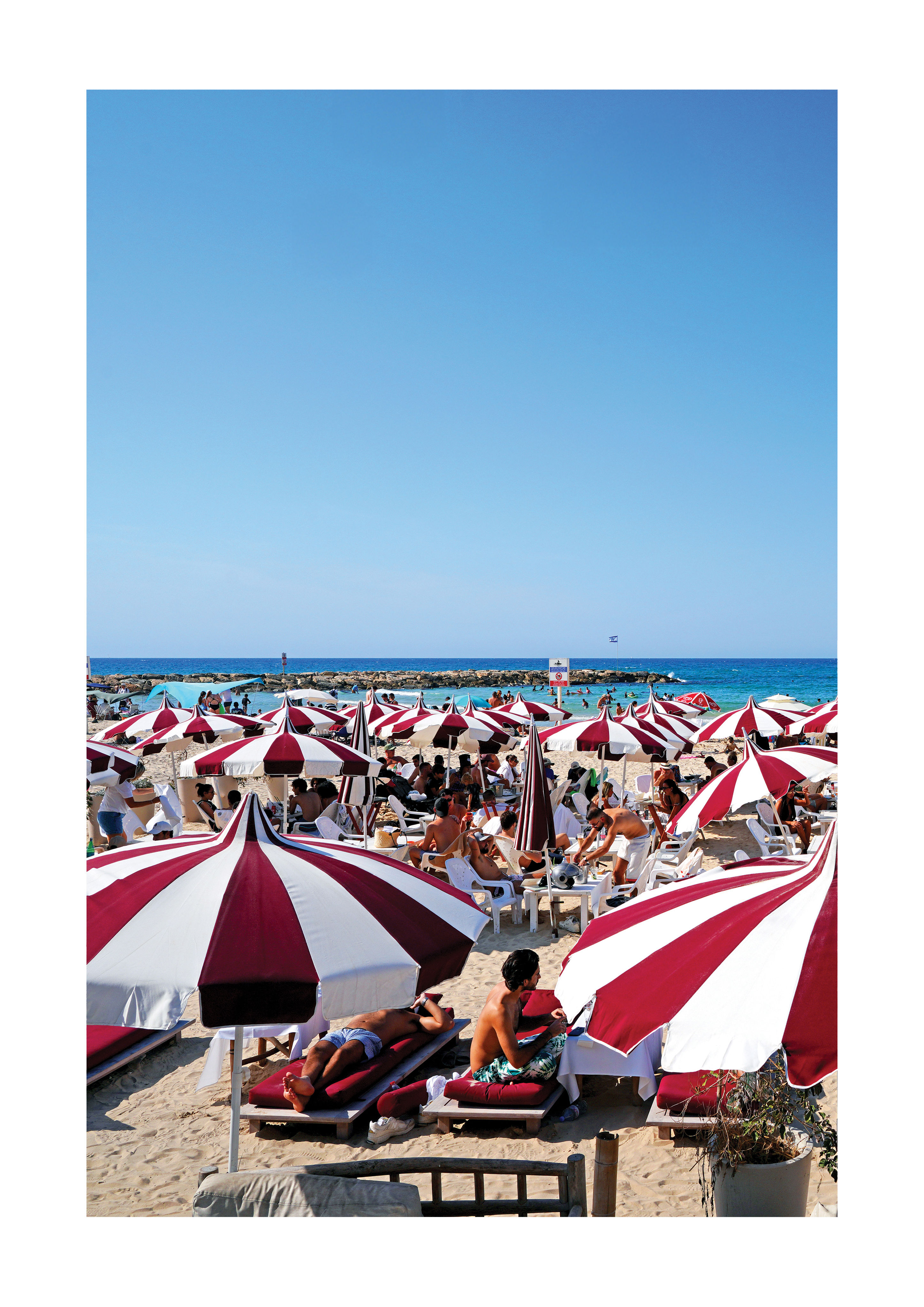 Aviv Beach print - red and white striped umbrellas and sunbathers, Tel Aviv
