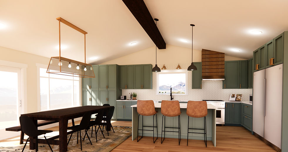 Eye-level view of a beautifully designed kitchen rendering showcasing modern appliances and a harmonious color palette.