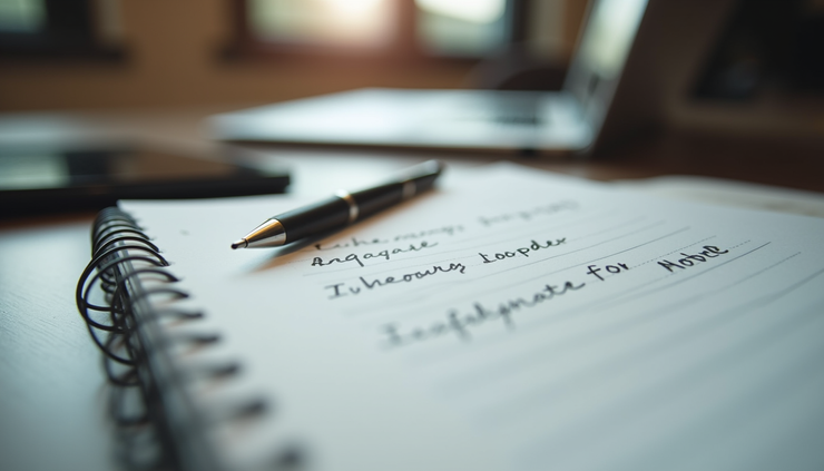 Close-up view of a notebook with handwritten notes and a pen, ready for planning a conversation