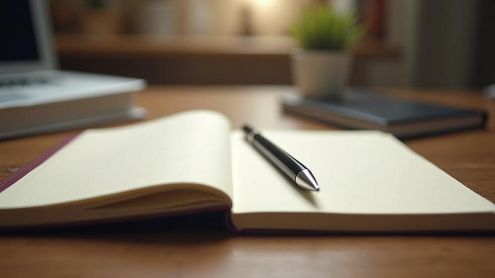 Close-up view of a journal and pen on a wooden table, symbolizing self-reflection