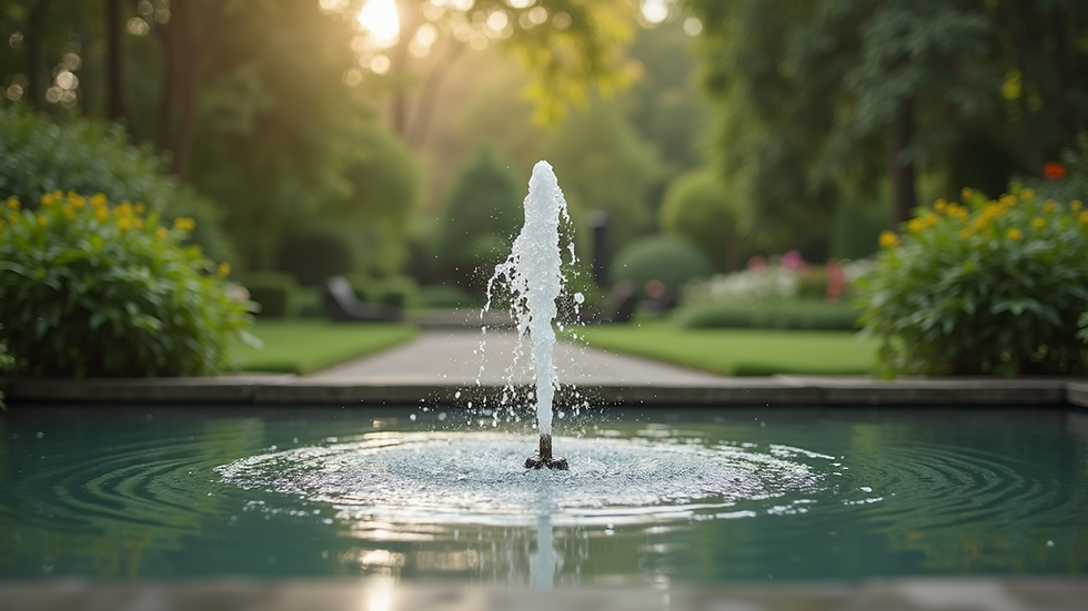 Eye-level view of a peaceful garden with a small water fountain