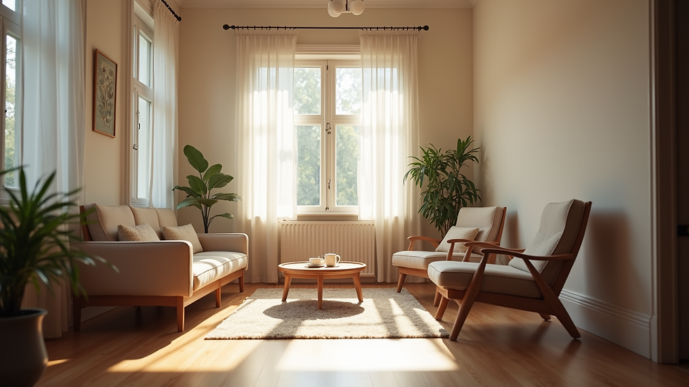 Eye-level view of a cozy counseling room with soft lighting and comfortable chairs