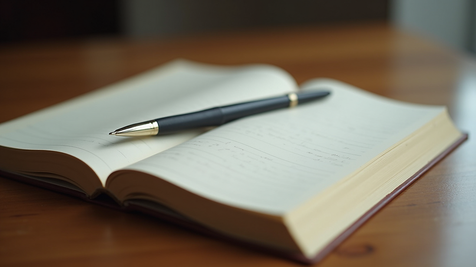 Close-up view of a journal and pen on a wooden table, symbolizing emotional expression