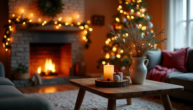 Eye-level view of a cozy living room decorated for the holidays with a warm fireplace and festive ornaments