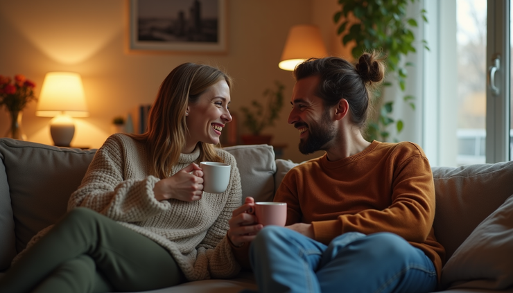 Eye-level view of a cozy living room with two friends sharing coffee and laughter