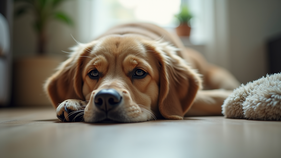 Eye-level view of a dog resting comfortably at home during recovery