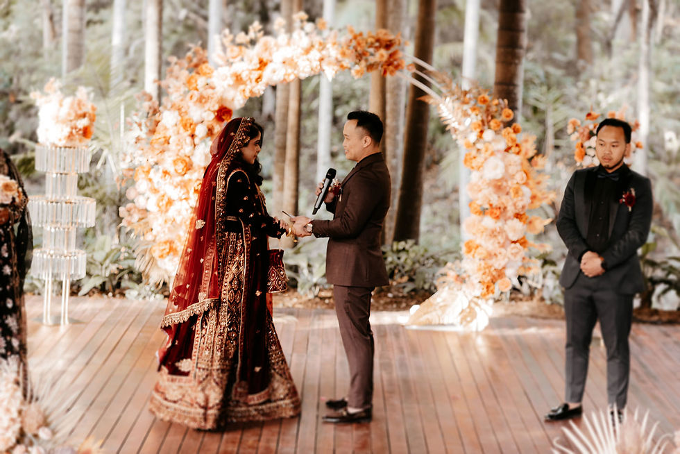 Close-up view of traditional Bangladeshi and Malaysian wedding attire