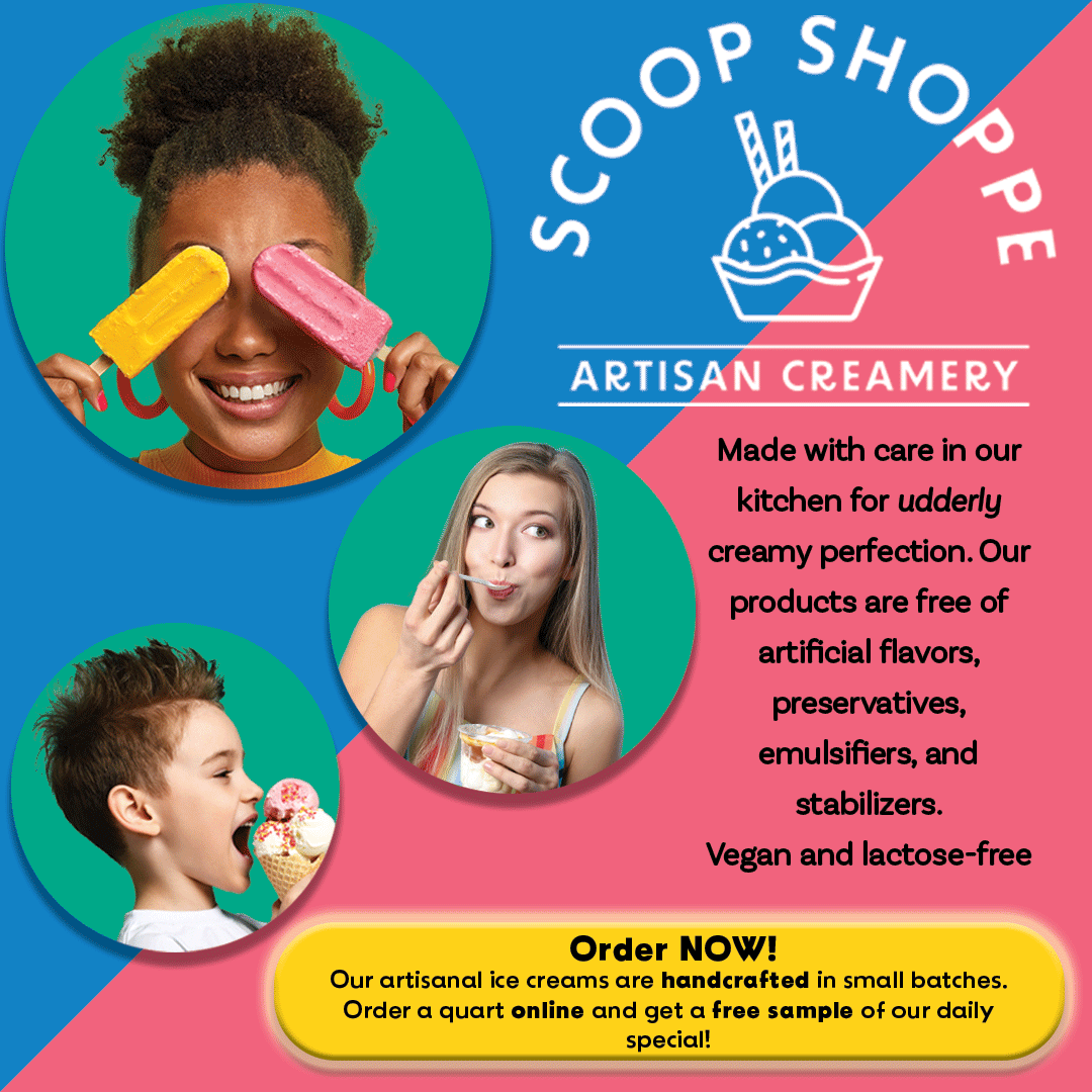 A colorful advertisement for Scoop Shoppe Artisan Creamery. The background is diagonally split into blue and pink. The top center features the Scoop Shoppe logo with an ice cream icon and the words "Artisan Creamery." On the left side are three circular photos of people enjoying ice cream: a woman smiling with popsicles held over her eyes, a young boy about to eat an ice cream cone, and a woman licking a spoon of ice cream, they alternate direction with green and purple backgrounds. On the right, text describes the product as free of artificial ingredients with vegan and lactose-free options. A yellow banner at the bottom encourages online orders with a free sample offer.
