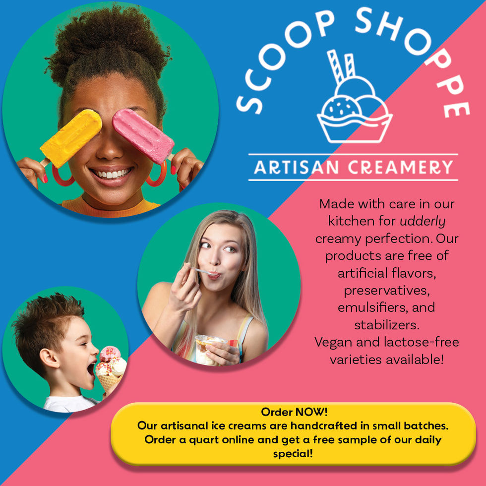 A colorful advertisement for Scoop Shoppe Artisan Creamery. The background is diagonally split into blue and pink. The top center features the Scoop Shoppe logo with an ice cream icon and the words "Artisan Creamery." On the left side are three circular photos of people enjoying ice cream: a woman smiling with popsicles held over her eyes, a young boy about to eat an ice cream cone, and a woman licking a spoon of ice cream. On the right, text describes the product as free of artificial ingredients with vegan and lactose-free options. A yellow banner at the bottom encourages online orders with a free sample offer.
