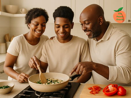 A teenager learns cooking skills with the help of his parents in a cream-toned kitchen. The family shares encouragement and connection, symbolizing life skills and transition support. Created for The Peach Oracle’s parent advocacy resources.