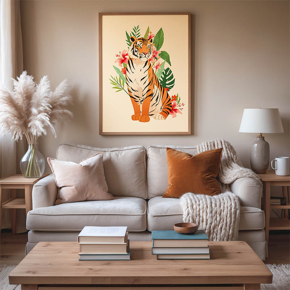 Jungle-themed tiger poster with pink floral design