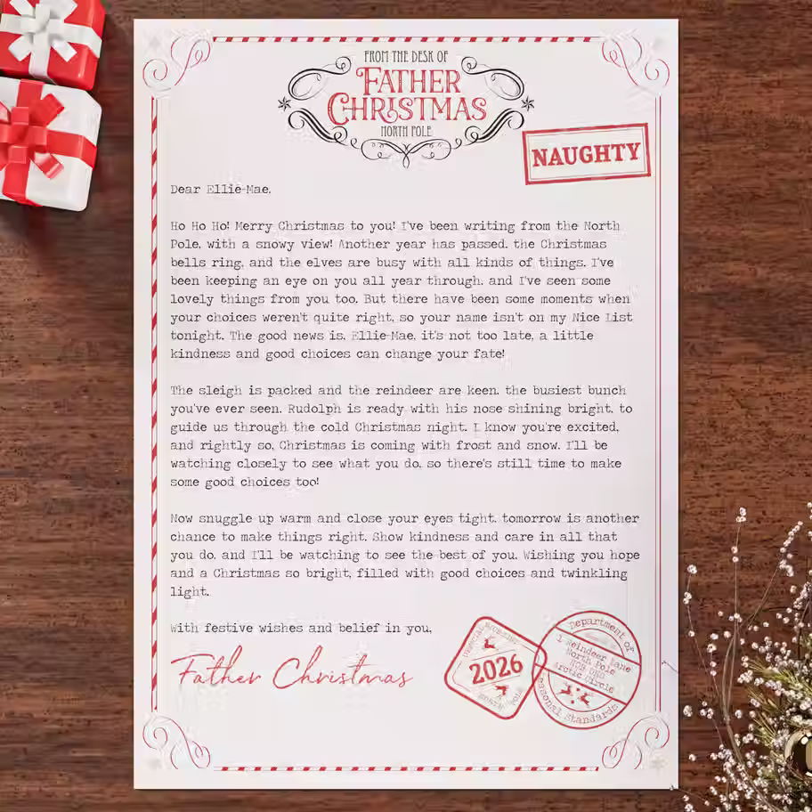 Personalised Father Christmas letter with a NAUGHTY list stamp, dated 2026, next to wrapped Christmas gifts