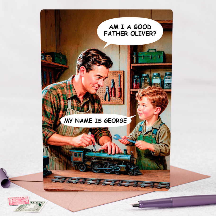 Funny fathers day card open showing blank inner panel ready for personalised message in retro serif typography