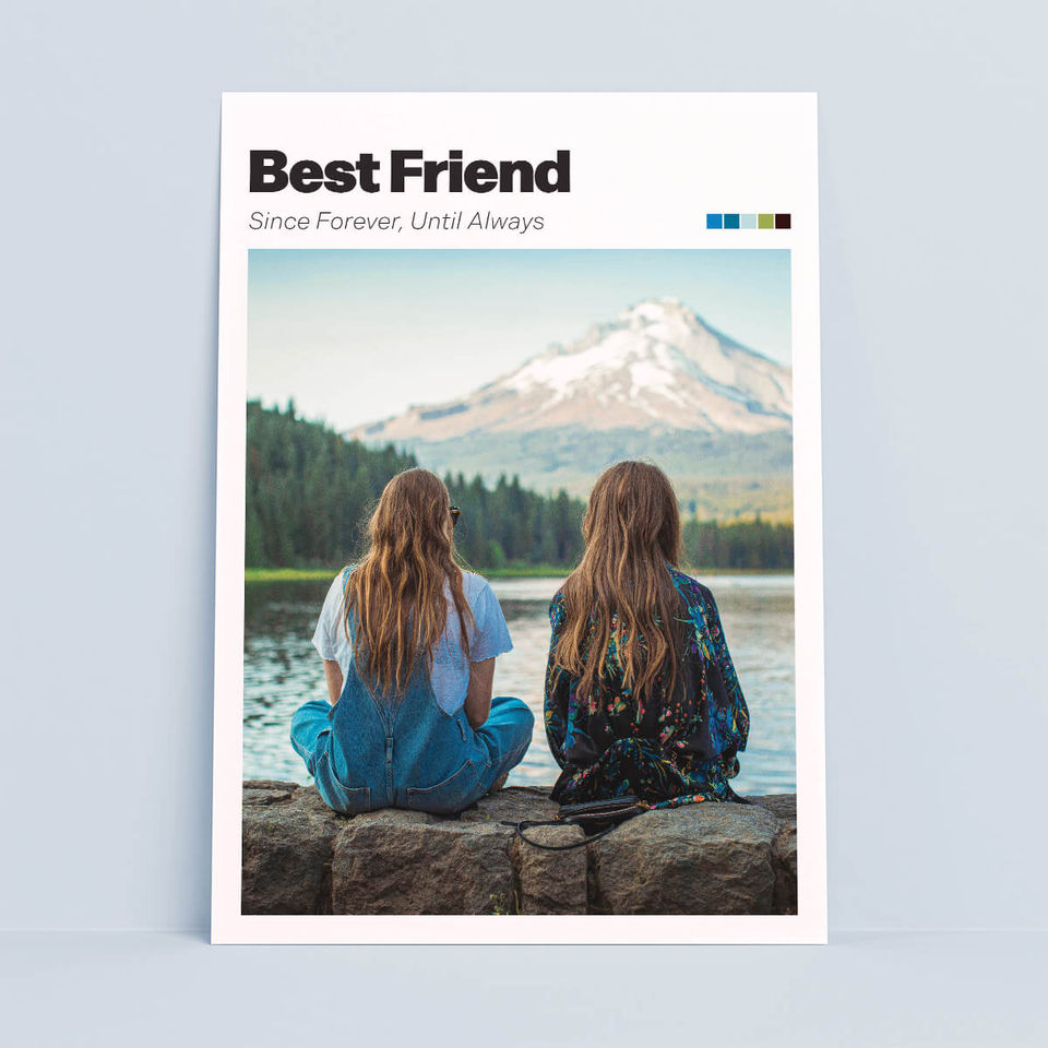 Custom photo poster featuring two women with mountain view – friendship memory print