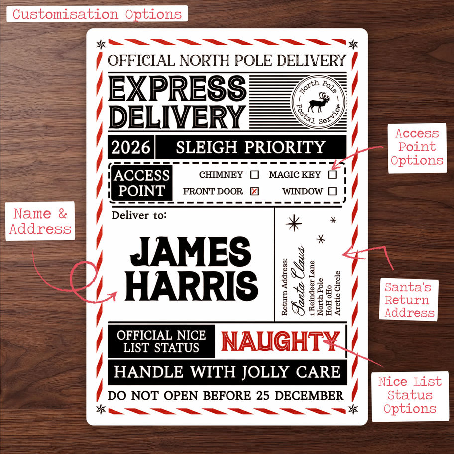 Santa delivery label with a name and address, marked Nice, stuck on a kraft wrapped gift beside a Christmas tree