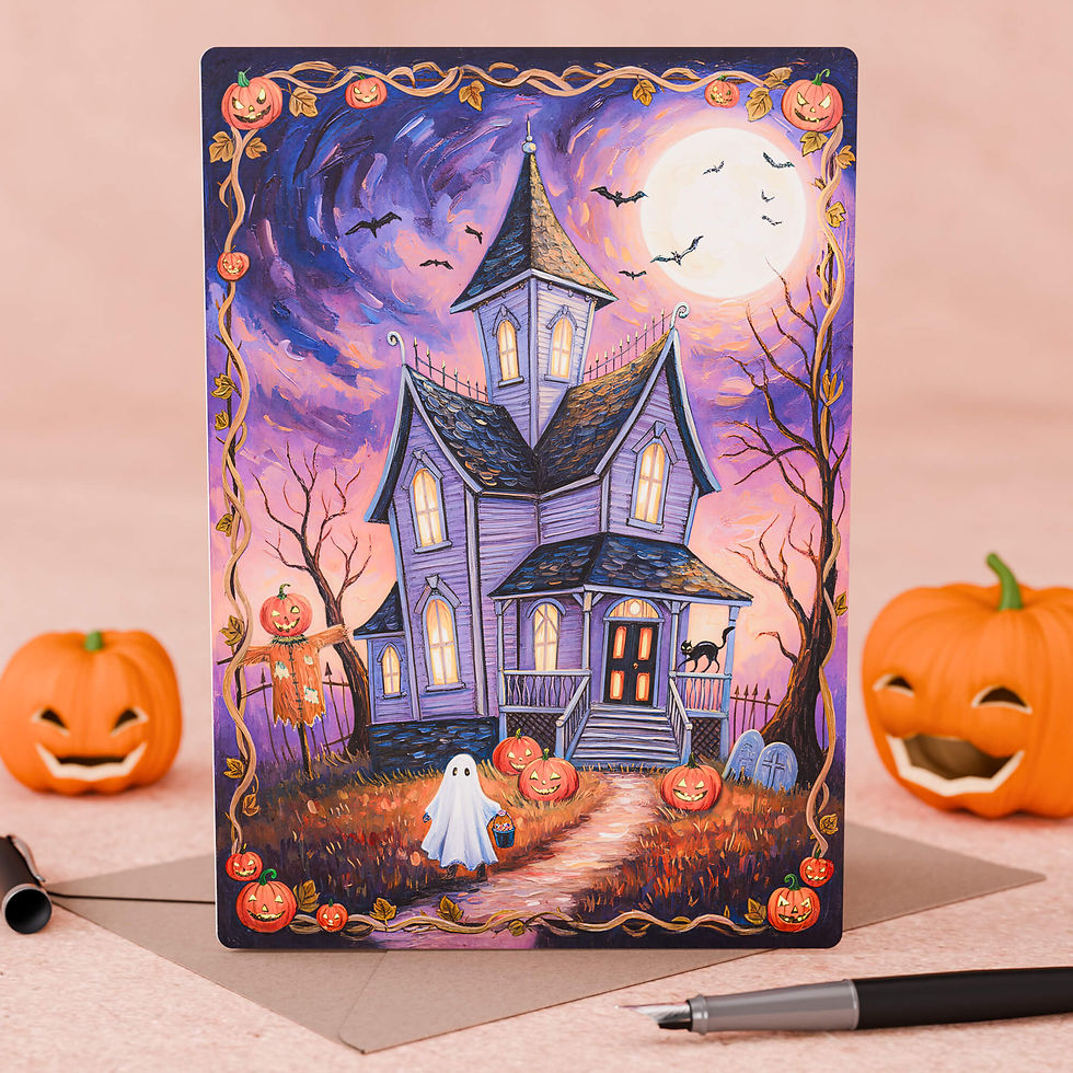 Haunted house Halloween greeting card with ghost
