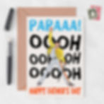 Close-up of funny fathers day card front showing bold orange Happy Father's Day text and sky blue PAPAAA lettering