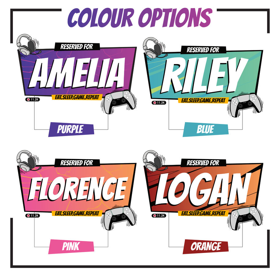 Pink Reserved For gaming pillowcase personalised with the name Florence, shown flat on white with a headset and a game contro