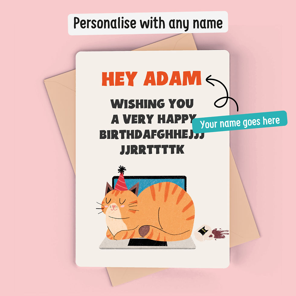 Personalised funny birthday card for her showing cat causing chaos on computer
