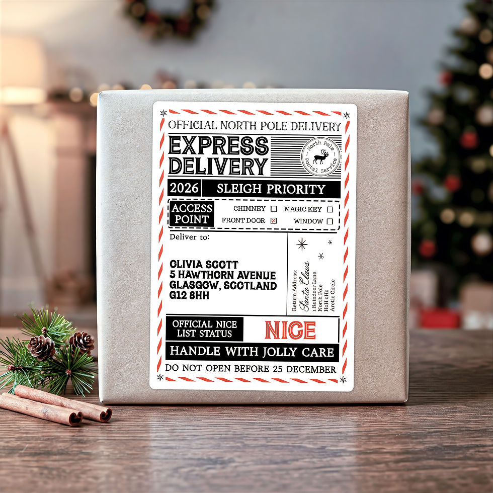 Personalised Santa delivery label, A6 size 105 x 148 mm, for James Harris marked Naughty, beside scissors and twine