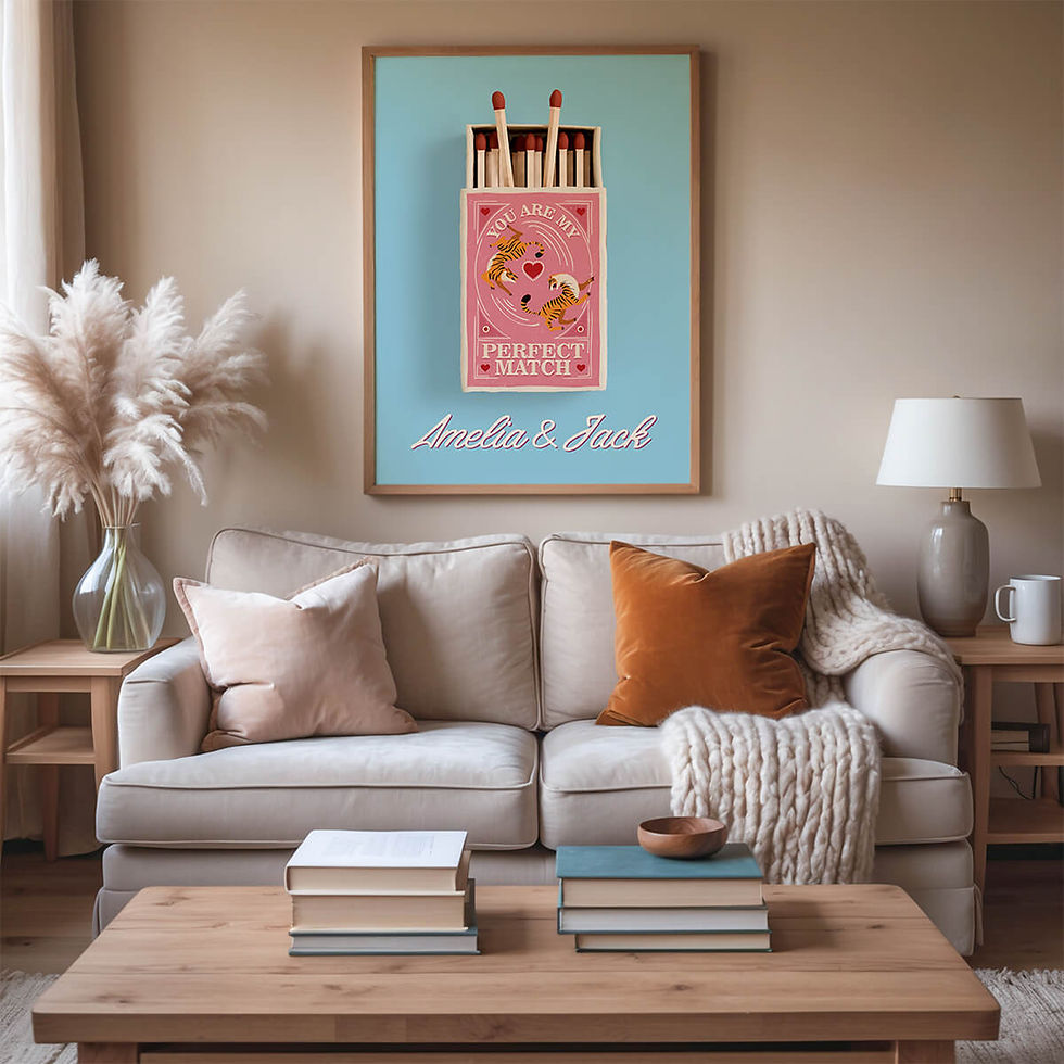 Modern couple wall art with red-tipped matches and pink design