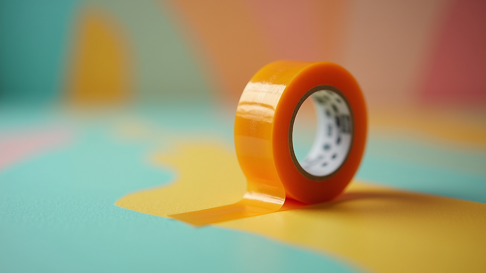 Close-up view of a roll of cello tape on a colorful arts and crafts background