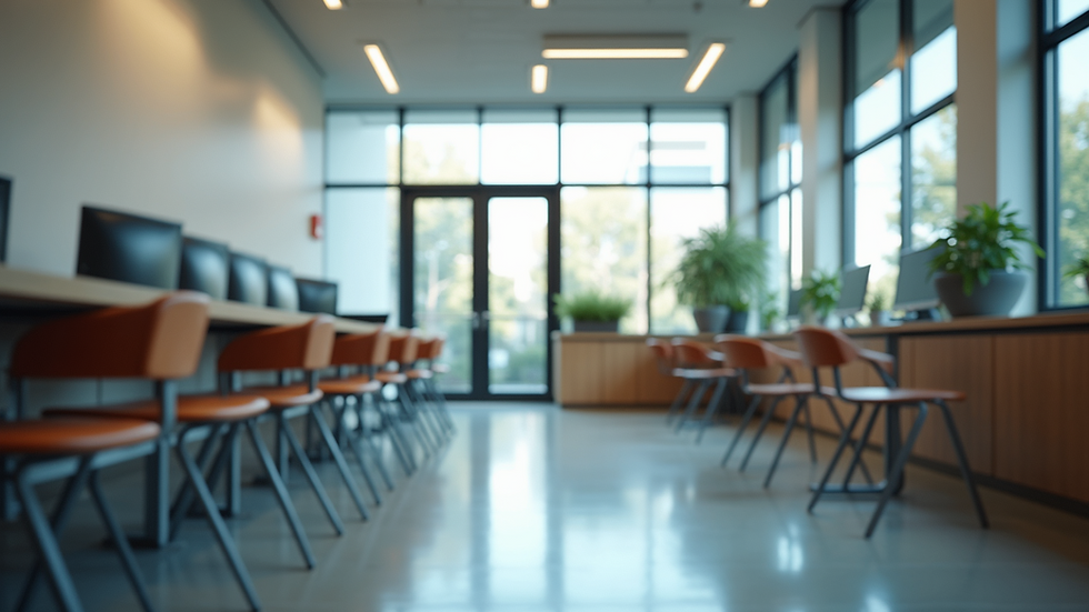 Wide angle view of a modern educational space with technology resources