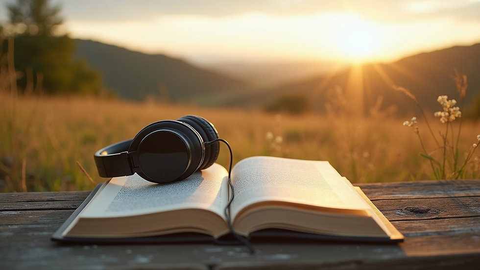 Eye-level view of a serene landscape with an open book and headphones