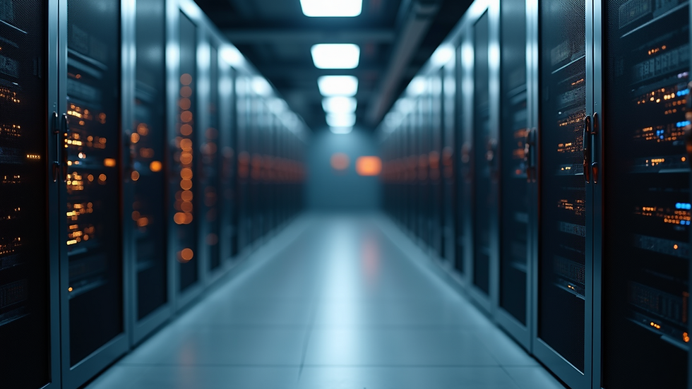 Eye-level view of a modern office server room with blinking lights